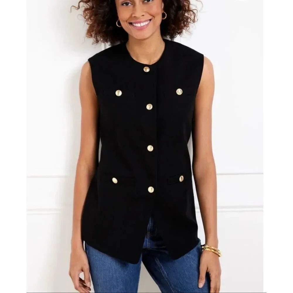 Talbots black textured gold button longline vest size 10